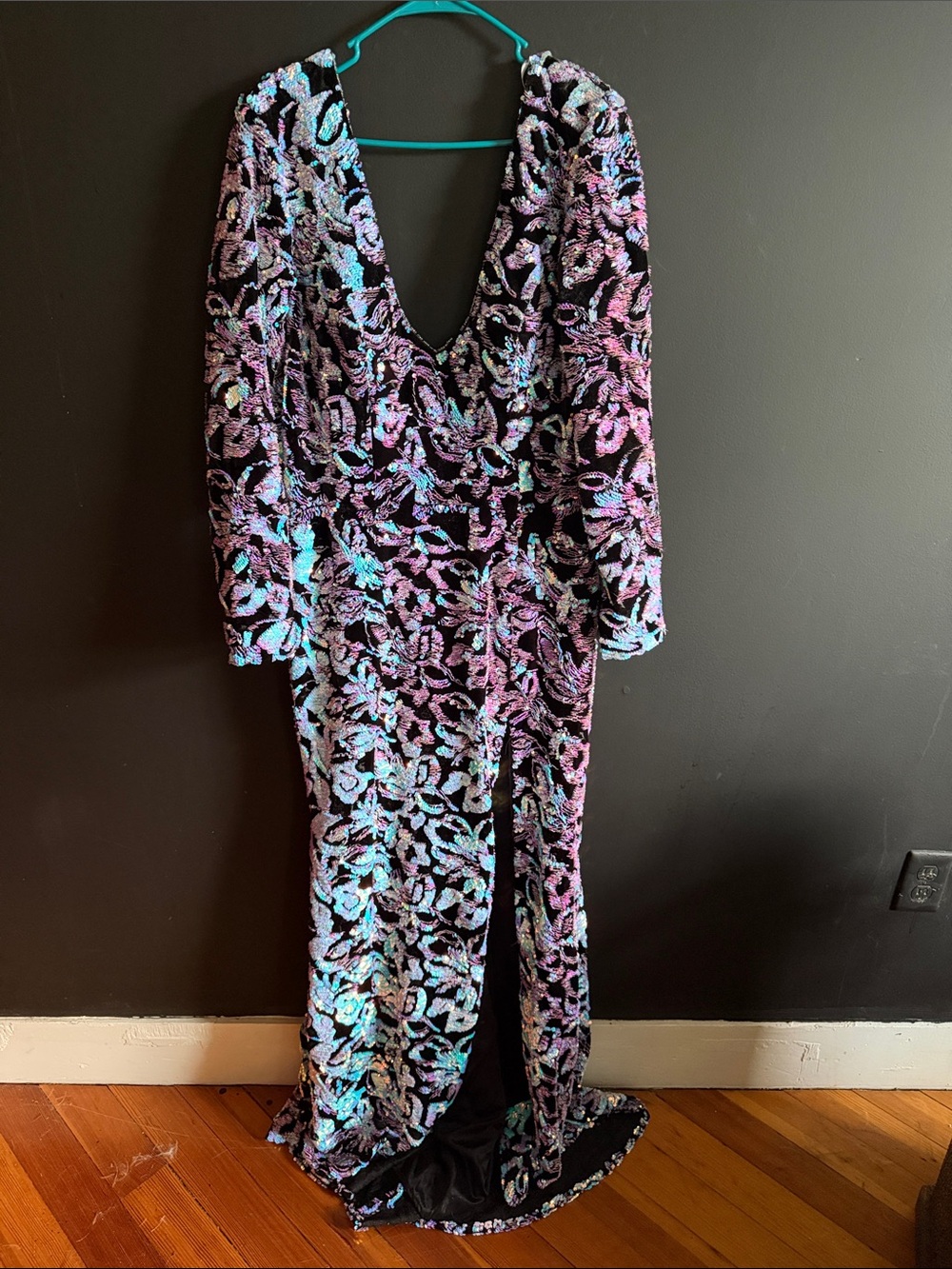 Angela & Alison black velour and Sequin Iridescent Pastels gown